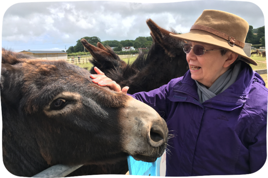 A woman stroking a donkey.