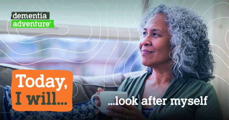 Woman smiling with text that reads 'Today I will look after myself'.